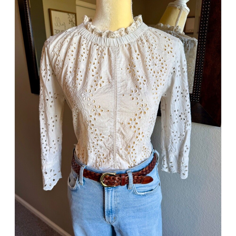 Jennifer & Grace Womens S Ivory 100% Cotton Eyelet Embroidered Peasant Blouse - Picture 2 of 9